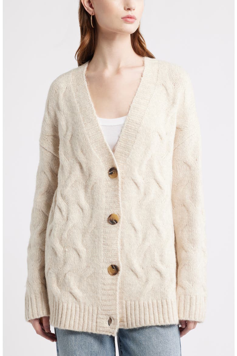 Oversize Cable Stitch Cardigan, Alternate, color, BEIGE OATMEAL LIGHT HEATHER