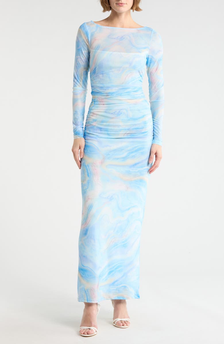 AFRM LOS ANGELES Ollie Long Sleeve Dress, Main, color, Blue Marble