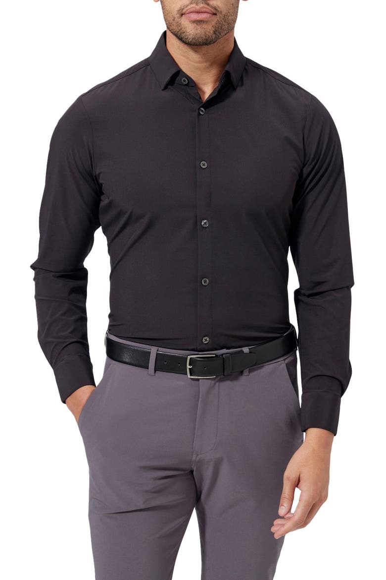 Leeward Trim Fit Solid Performance Button-Up Shirt, Main, color, BLACK