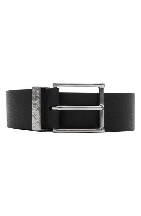 Check Engraved Buckle Leather Belt