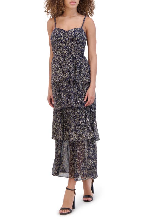 Foiled Plissé Tiered Ruffle Midi Dress