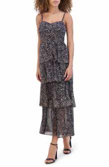 Siena Foiled Plissé Tiered Ruffle Midi Dress