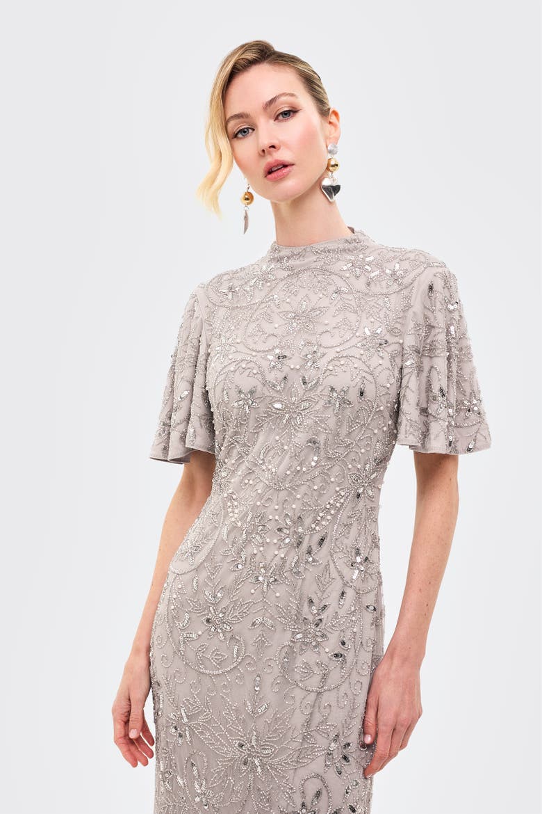 Embellished Sequins High Neck Dress, Alternate, color, GREY