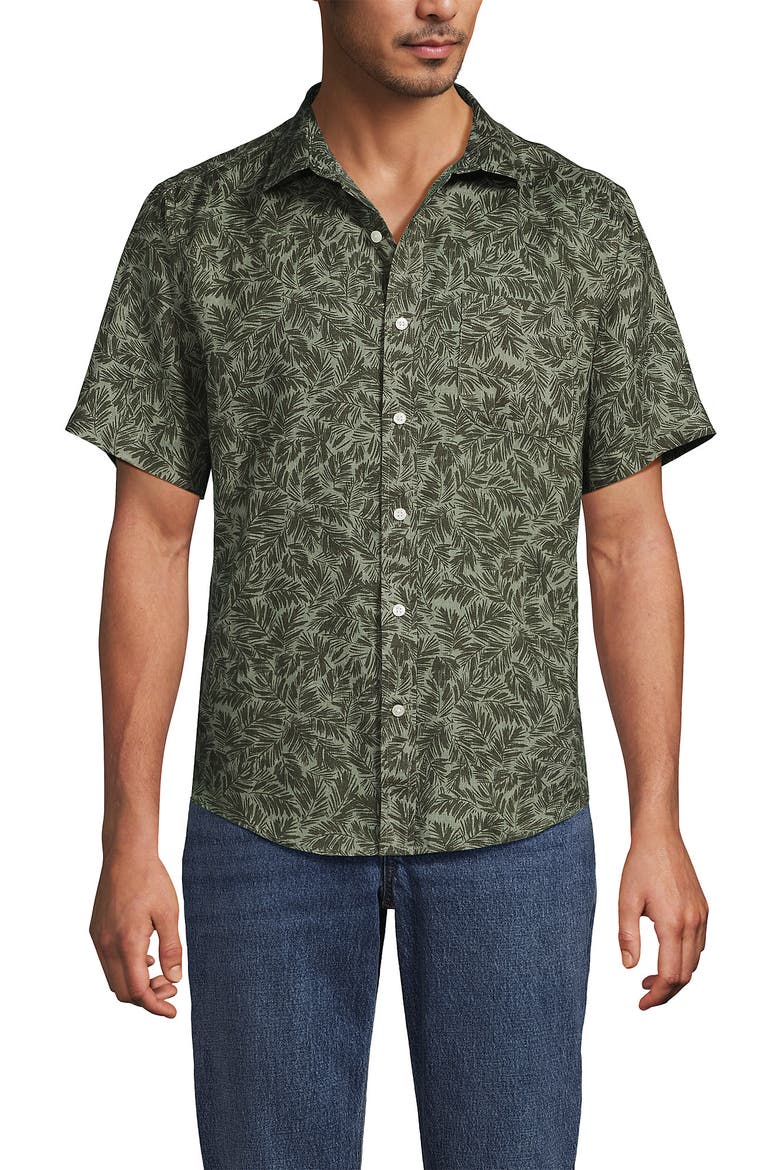 Traditional Fit Short Sleeve Linen Shirt, Alternate, color, Forest Moss Palms