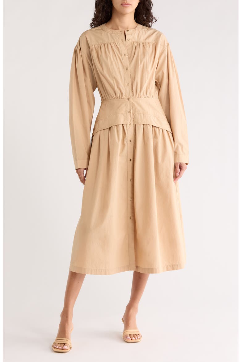 Long Sleeve Button Front Cotton Dress, Main, color, TAN
