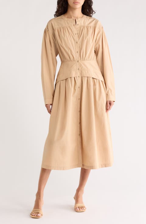 Long Sleeve Button Front Cotton Dress