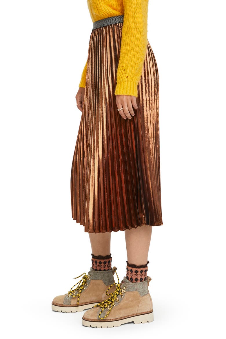 Metallic Pleated Midi Skirt, Alternate, color, BRONZE