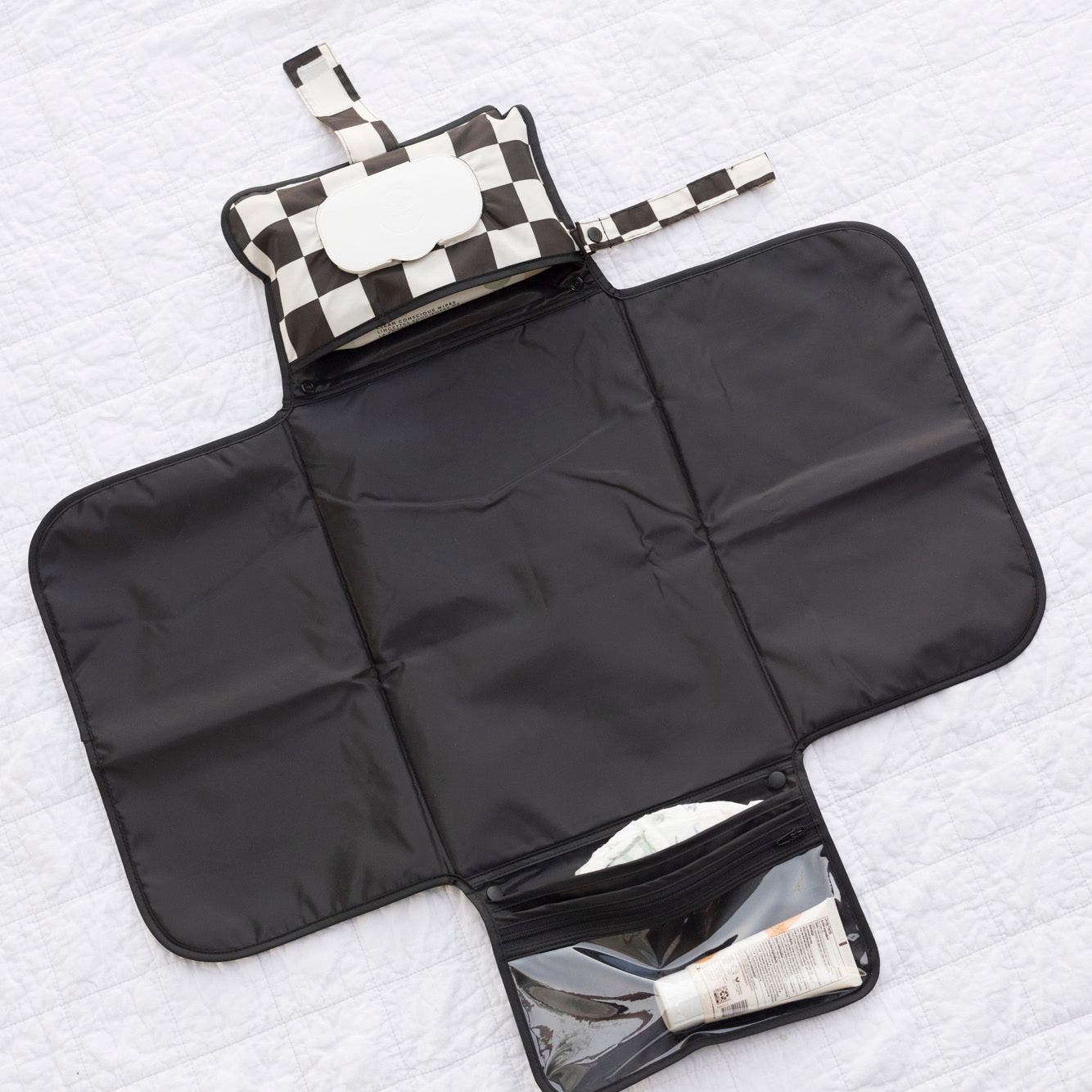 Tiny Twinkle Portable/Foldable Waterproof Diaper Changing Pad with Smart Wipes Pocket, Alternate, color, Black Checkers