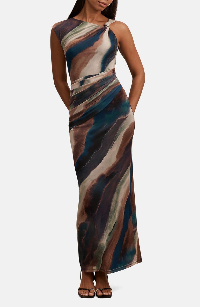 Ever New Karina Knotted One Shoulder Mesh Maxi Dress, Main, color, Maren Abstract