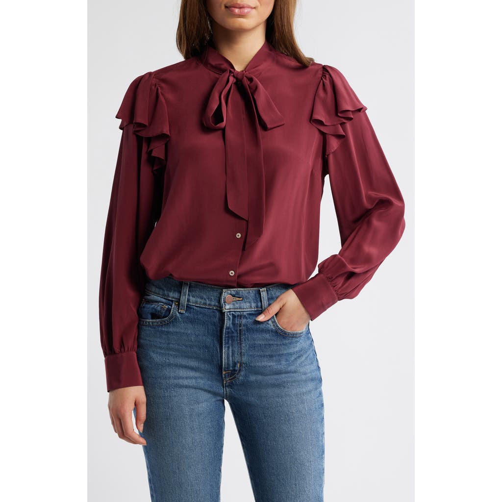 Vineyard Vines Silk Ruffle Trim Tie Neck Blouse In Red