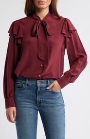 vineyard vines Tie Neck Silk Crêpe de Chine Button-Up Shirt