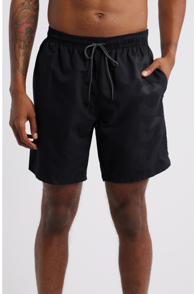 Orca Logo Graphic Swim Trunks, Main, color, BLACK
