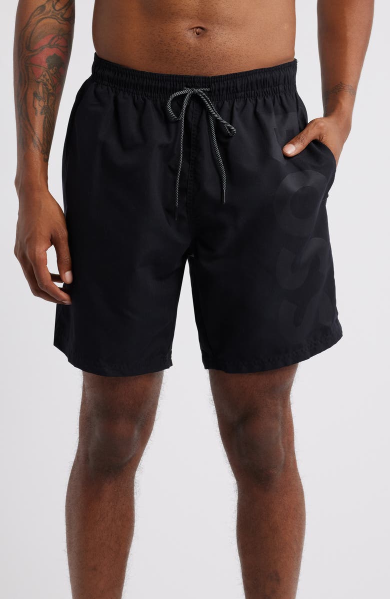 BOSS Orca Logo Graphic Swim Trunks, Main, color, 