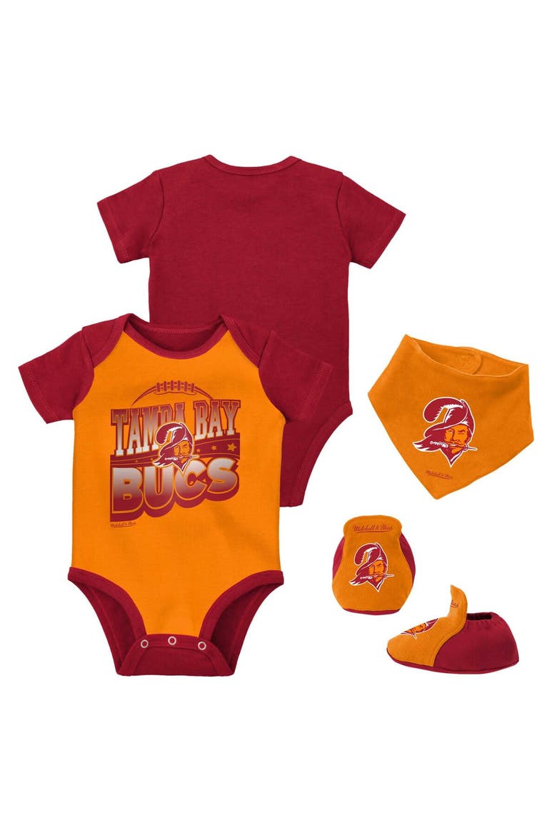 Newborn & Infant Mitchell & Ness Orange/Red Tampa Bay Buccaneers Throwback Big Score Bodysuit, Bib & Bootie Set, Main, color, Orange