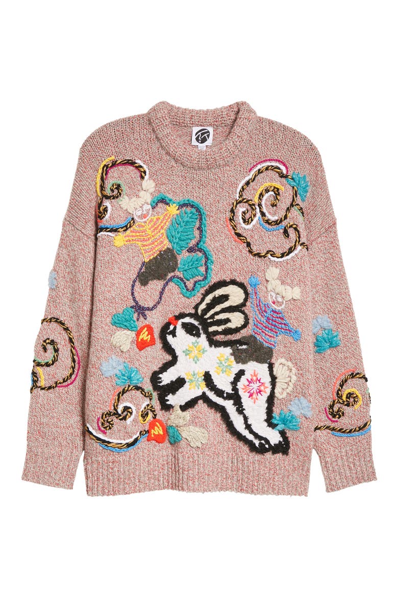 Lunar New Year 2023 Bunny Embroidered Wool Blend Sweater, Alternate, color, PINK MELANGE