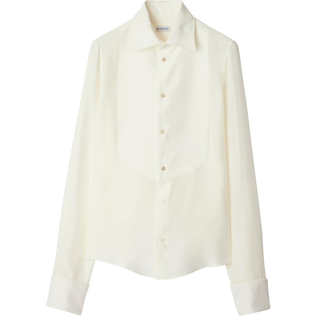 Shop Burberry Regular Fit Silk Tuxedo Shirt In Chalk