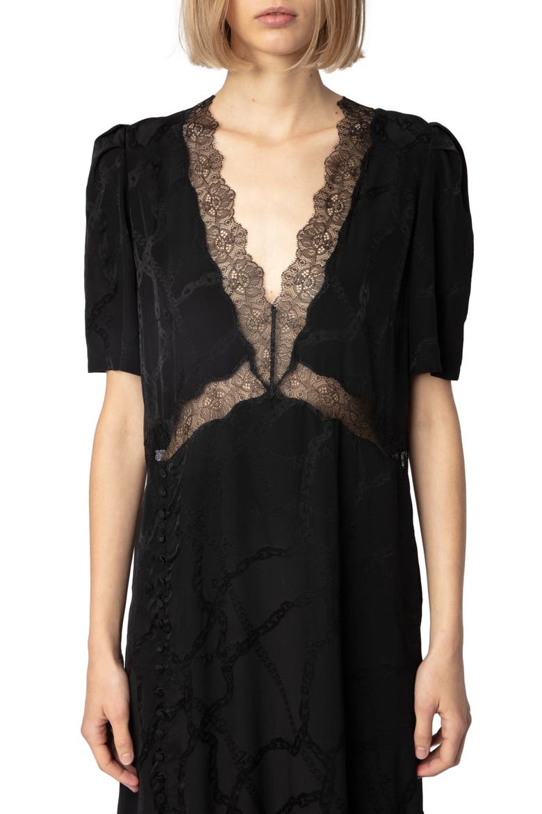 Redox Jac Chaines Lace Trim Silk Dress, Alternate, color, NOIR