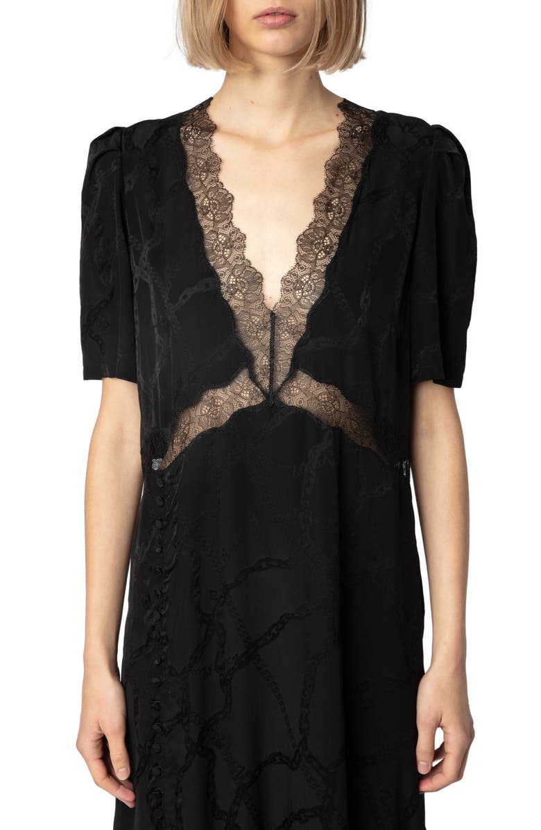 Zadig & Voltaire Redox Jac Chaines Lace Trim Silk Dress, Alternate, color, 