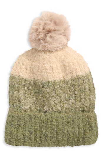 Tasha Colorblock Faux Fur Pom Bouclé Beanie In Green