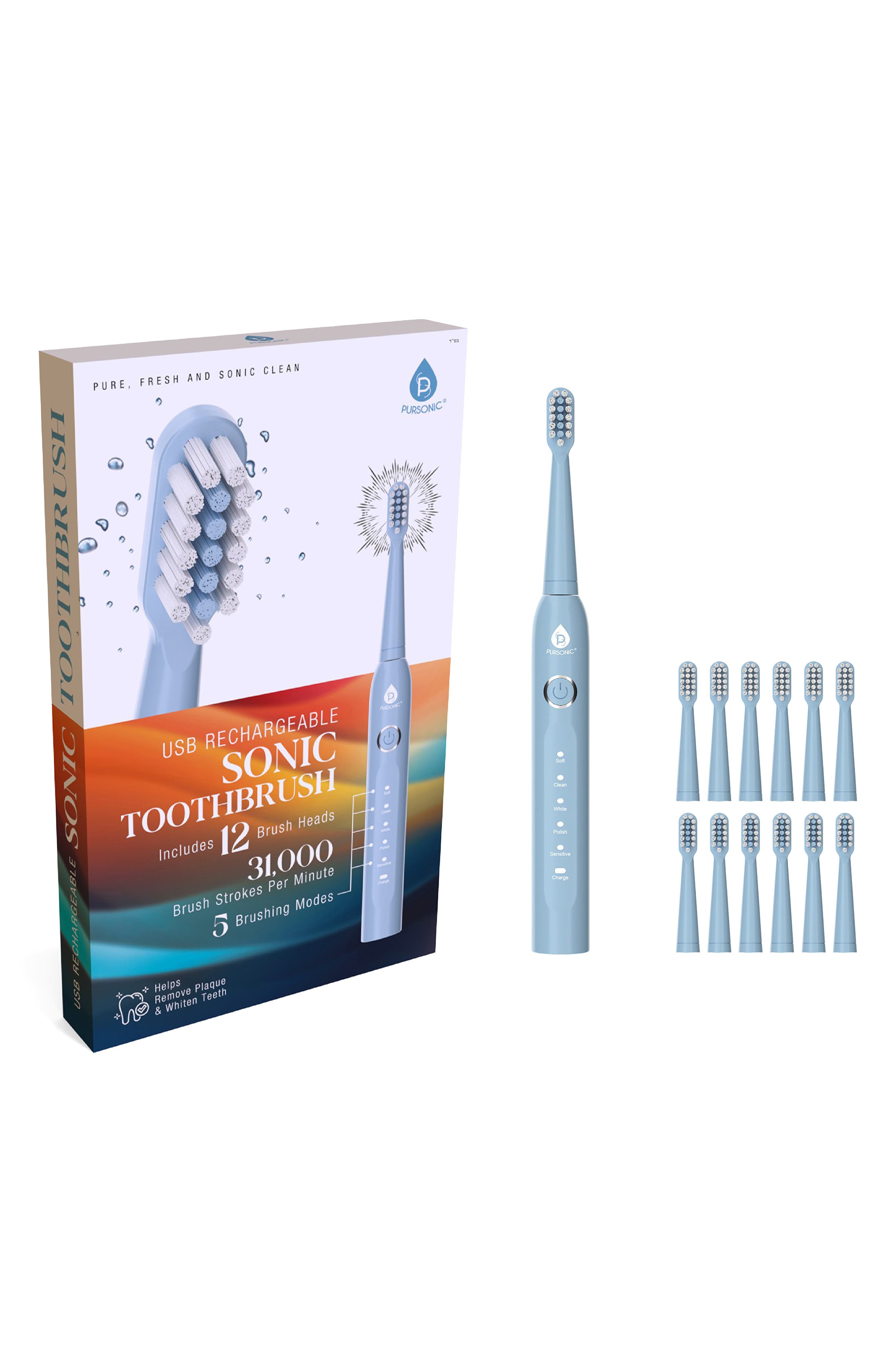 USB Rechargeable Sonic Toothbrush with 12 Brush Heads