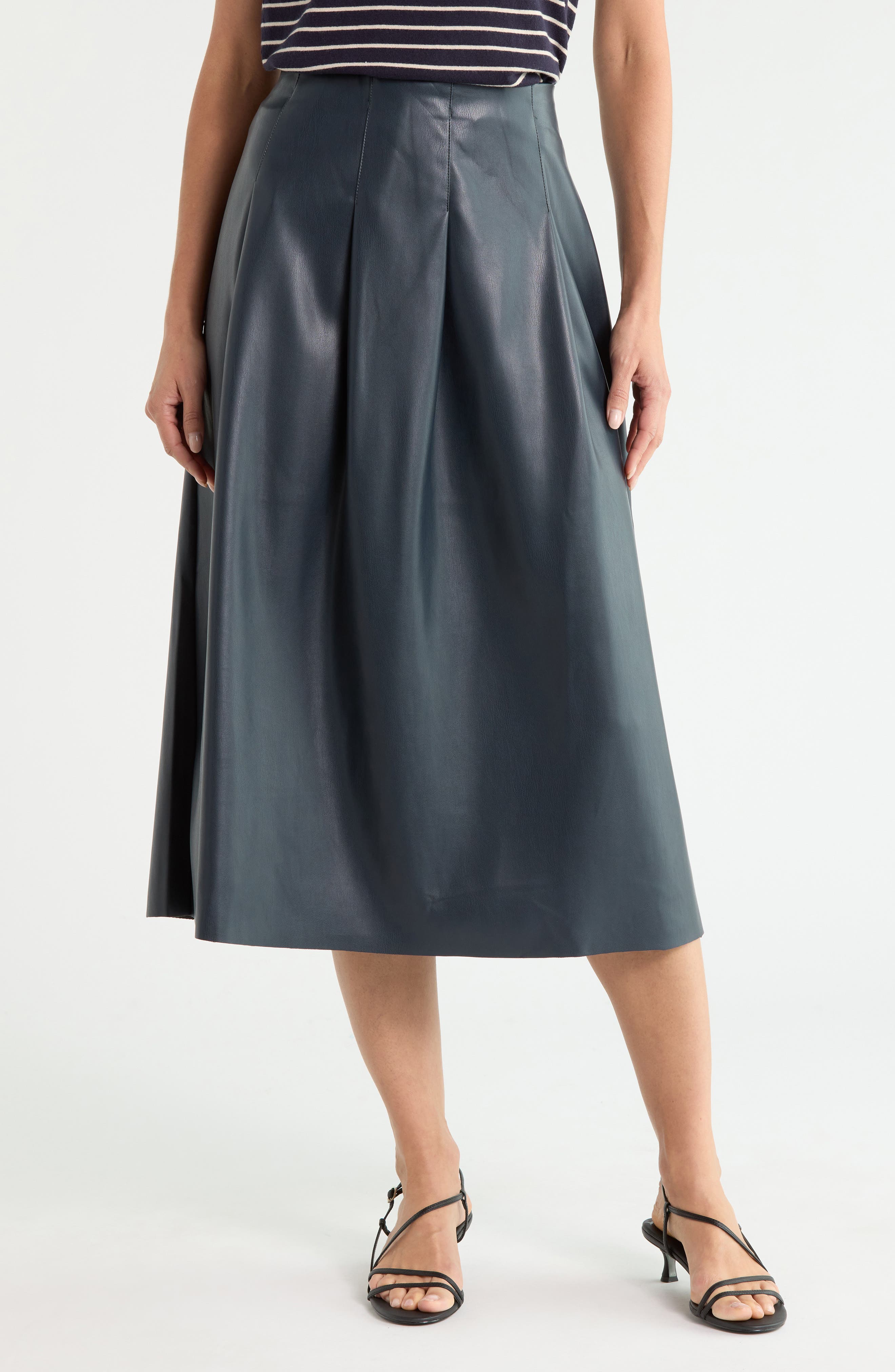 Pleated Faux Leather Midi Skirt