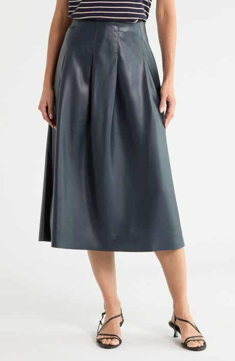 Pleated Faux Leather Midi Skirt