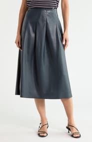 MAX STUDIO Pleated Faux Leather Midi Skirt