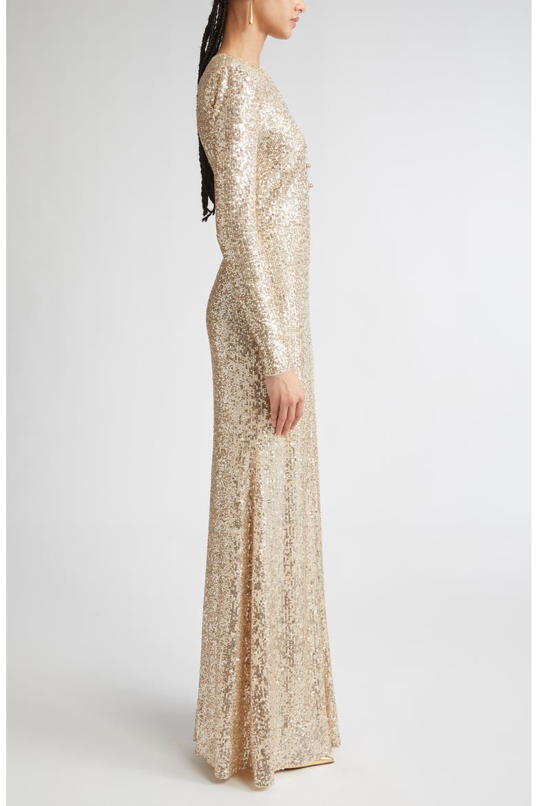 Long Sleeve Sequin Stretch Knit Gown, Alternate, color, ECRU/ GOLD