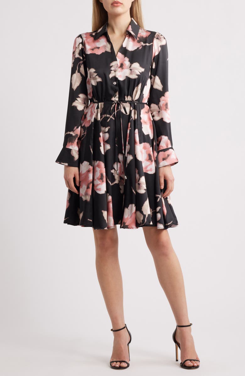 Tahari ASL Floral Long Sleeve Shirtdress, Main, color, Black Pink