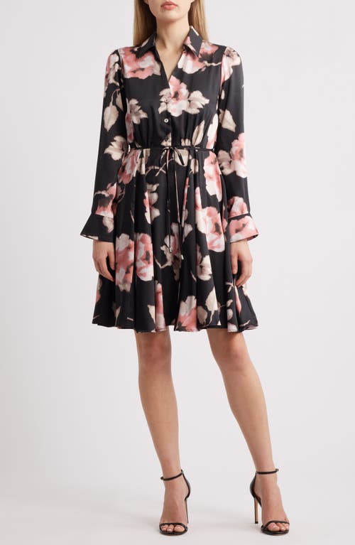 Tahari Asl Floral Long Sleeve Shirtdress In Black Pink