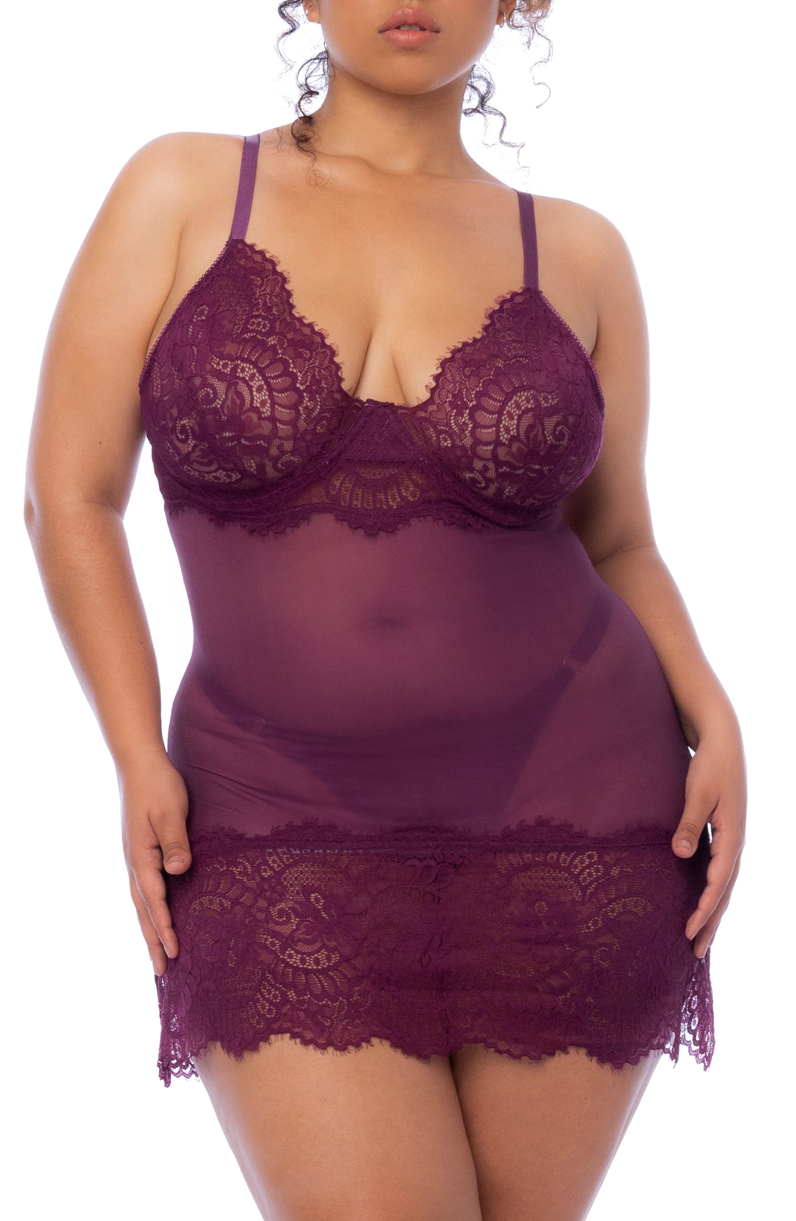 Mapale Lace Trim Babydoll Chemise & G-String Set in Wine 