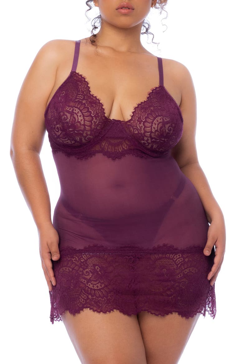 Lace Trim Babydoll Chemise & G-String Set, Main, color, WINE
