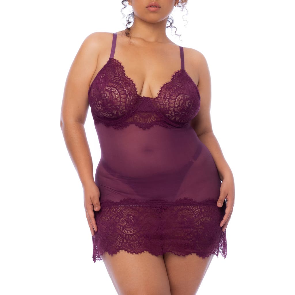 Mapale Lace Trim Babydoll Chemise & G-String Set in Wine