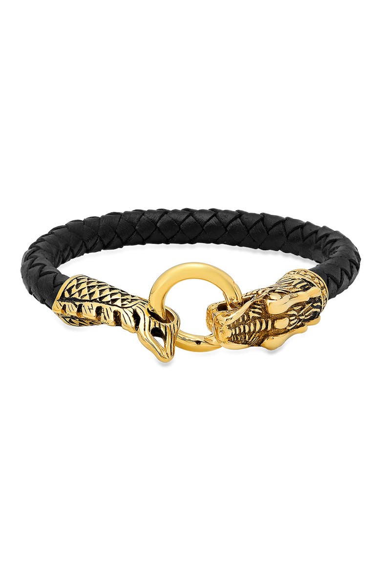 Men's Braided Leather Dragon Bracelet, Main, color, BLACK/ GOLD