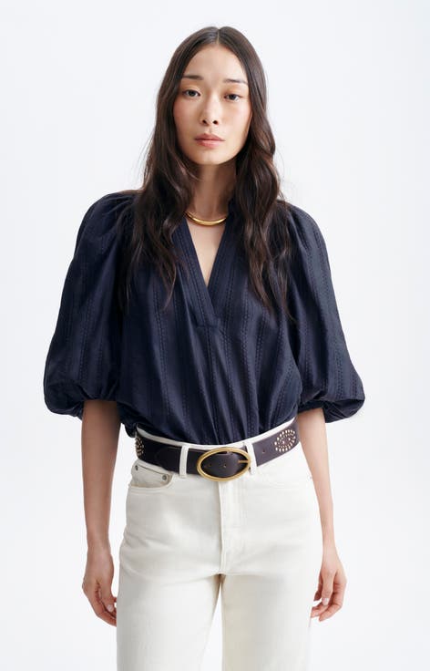 Bell V-Neck Balloon Sleeve Blouse