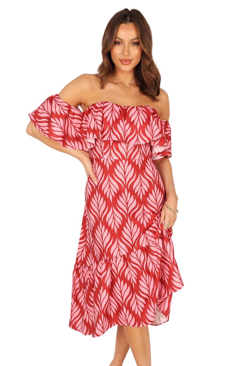 Petal & Pup Neoma Off the Shoulder Midi Dress, Alternate, color, Red Palm Print