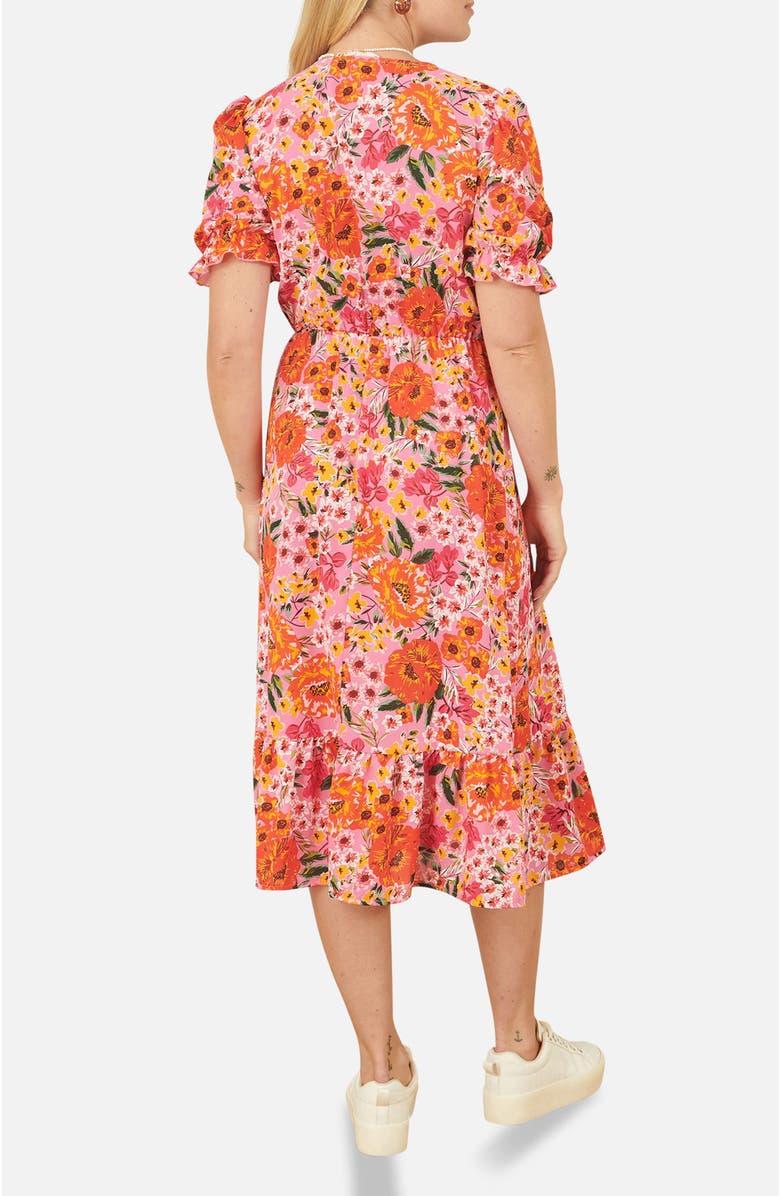 Yumi Short Sleeve V-Neck Printed Midi Dress, Alternate, color, Pink