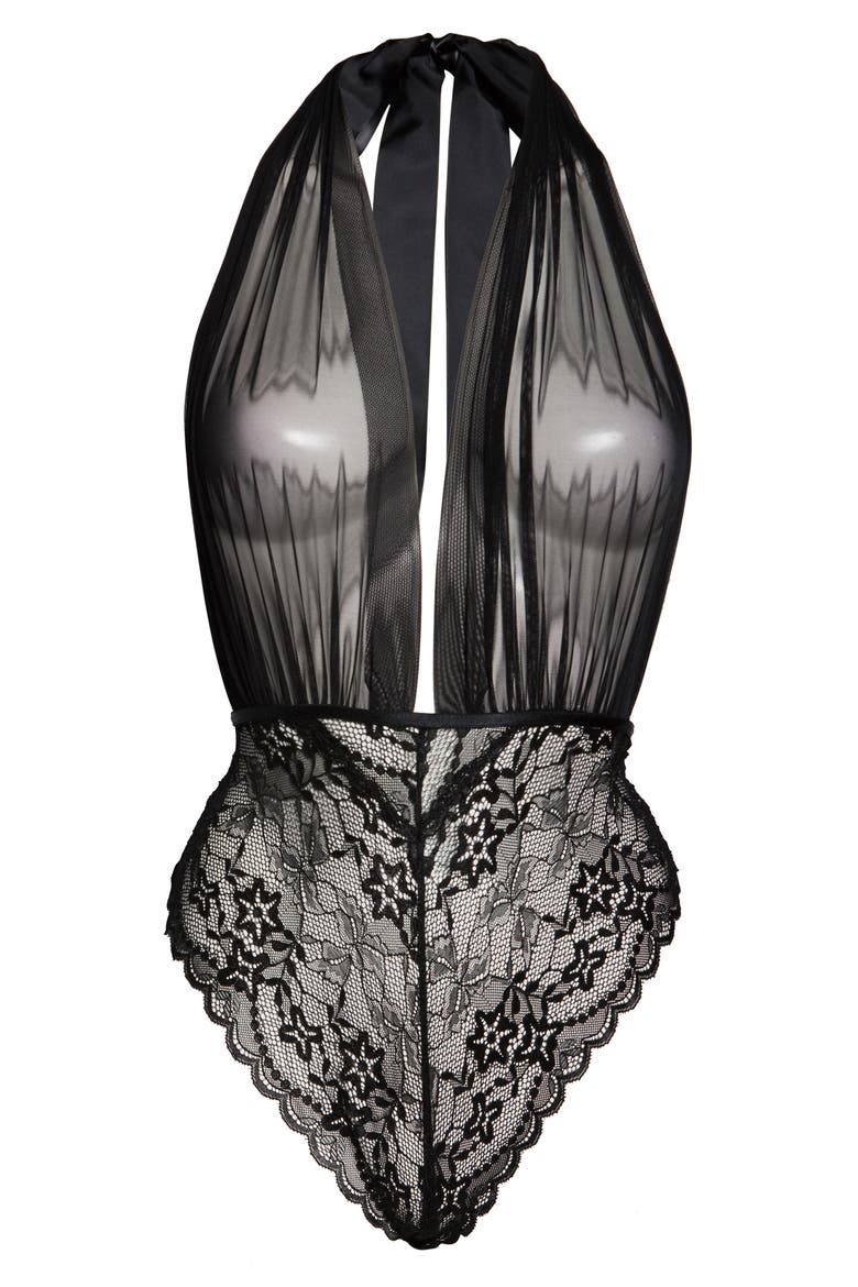 Aria Mesh Plunge Halter Teddy, Alternate, color, BLACK