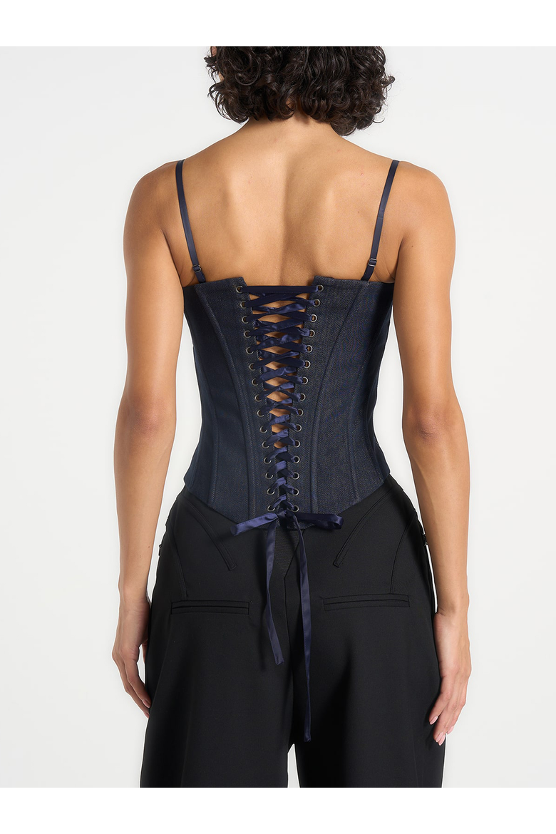Scarlett Denim Lace Up Corset, Alternate, color, Blue