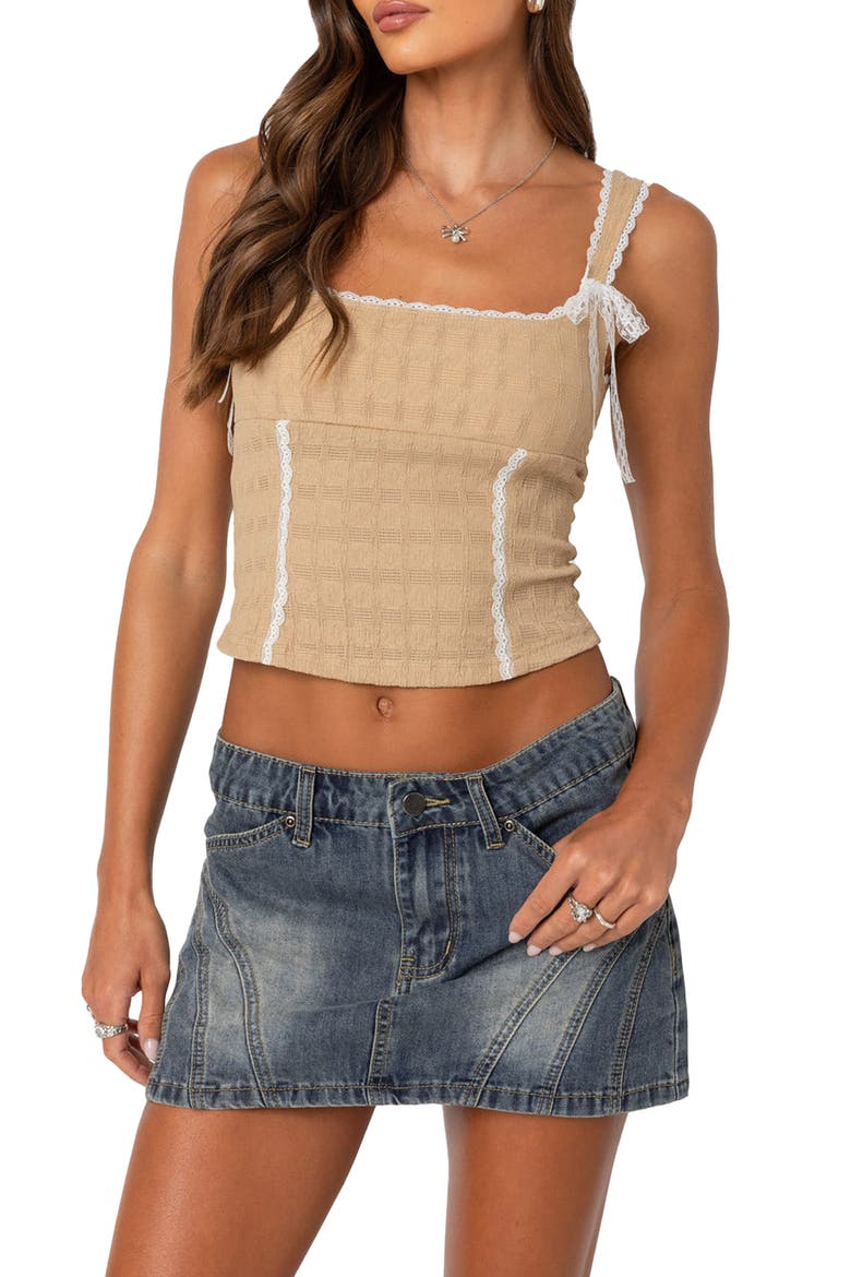 Lace Trim Stretch Cotton Crop Top, Main, color, BEIGE