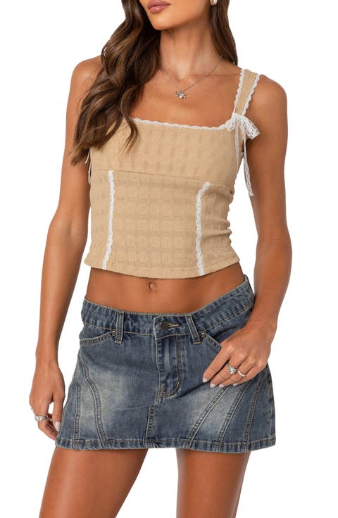 Lace Trim Stretch Cotton Crop Top