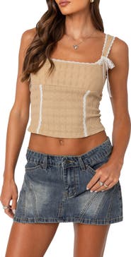 EDIKTED Lace Trim Stretch Cotton Crop Top