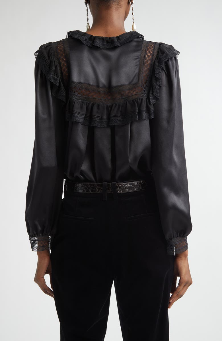 Saint Laurent Lace Trim Silk Charmeuse Top, Alternate, color, Nero