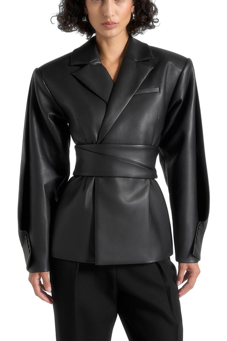 Marie Twist Sleeve Leather Blazer with Belt, Main, color, Black