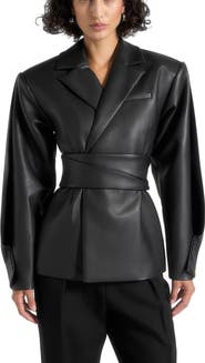 Manière De Voir Marie Twist Sleeve Leather Blazer with Belt