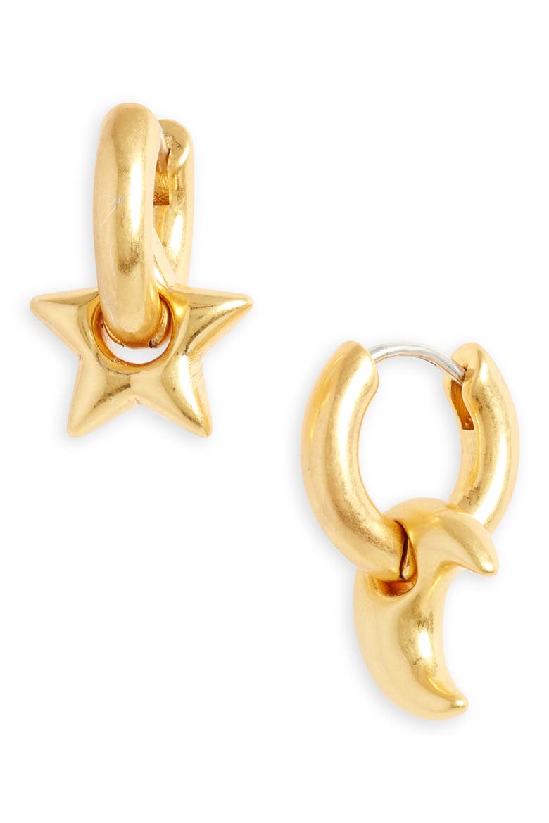 Chunky Star and Moon Huggie Hoop Earrings, Main, color, VINTAGE GOLD