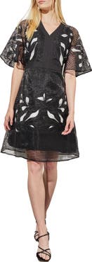 Ming Wang Floral Appliqué Mixed Media Dress