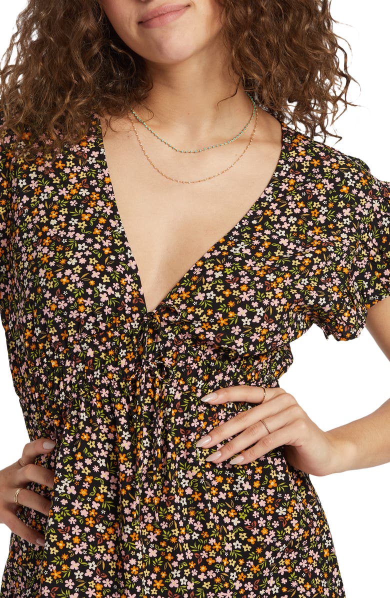 Billabong Picnic Date Floral Shirred Dress, Alternate, color, Black Sands