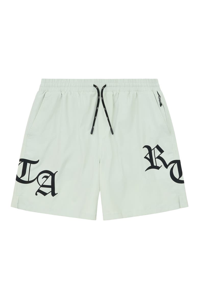 Mark Stretch Nylon Swim Trunks, Main, color, LIGHT TEAL OLD ENGLISH RTA