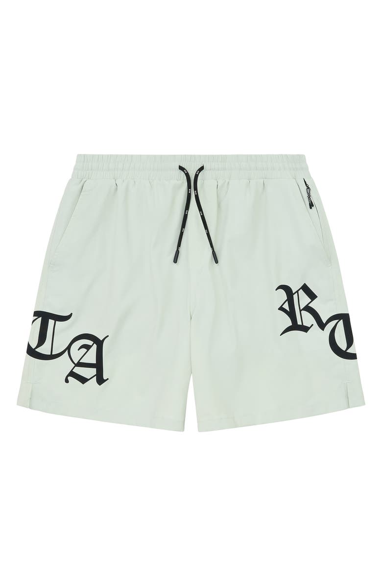 RtA Mark Stretch Nylon Swim Trunks, Main, color, Light Teal Old English Rta